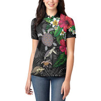 Hawaiian Tropical Plants and Turtles Women Polo Shirt Polynesian Art Motifs LT03 - Polynesian Pride