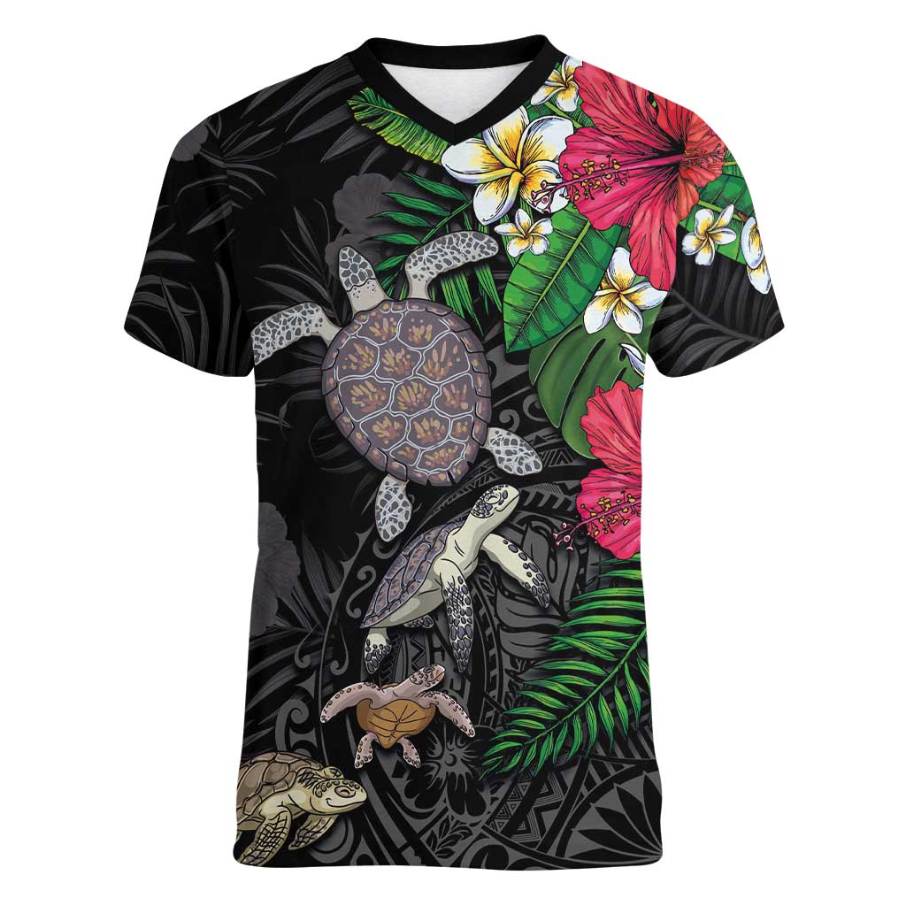Hawaiian Tropical Plants and Turtles Women V-Neck T-Shirt Polynesian Art Motifs LT03 Female Black - Polynesian Pride