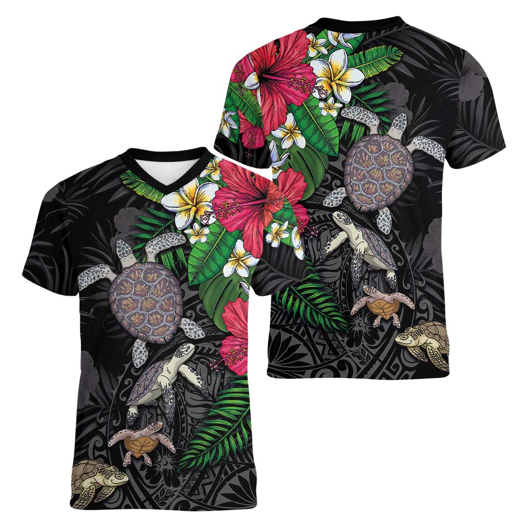 Hawaiian Tropical Plants and Turtles Women V-Neck T-Shirt Polynesian Art Motifs LT03 - Polynesian Pride