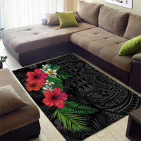 Hawaiian Tropical Plants Area Rug Kakau Tattoo and Polynesian Pattern Half Black Color