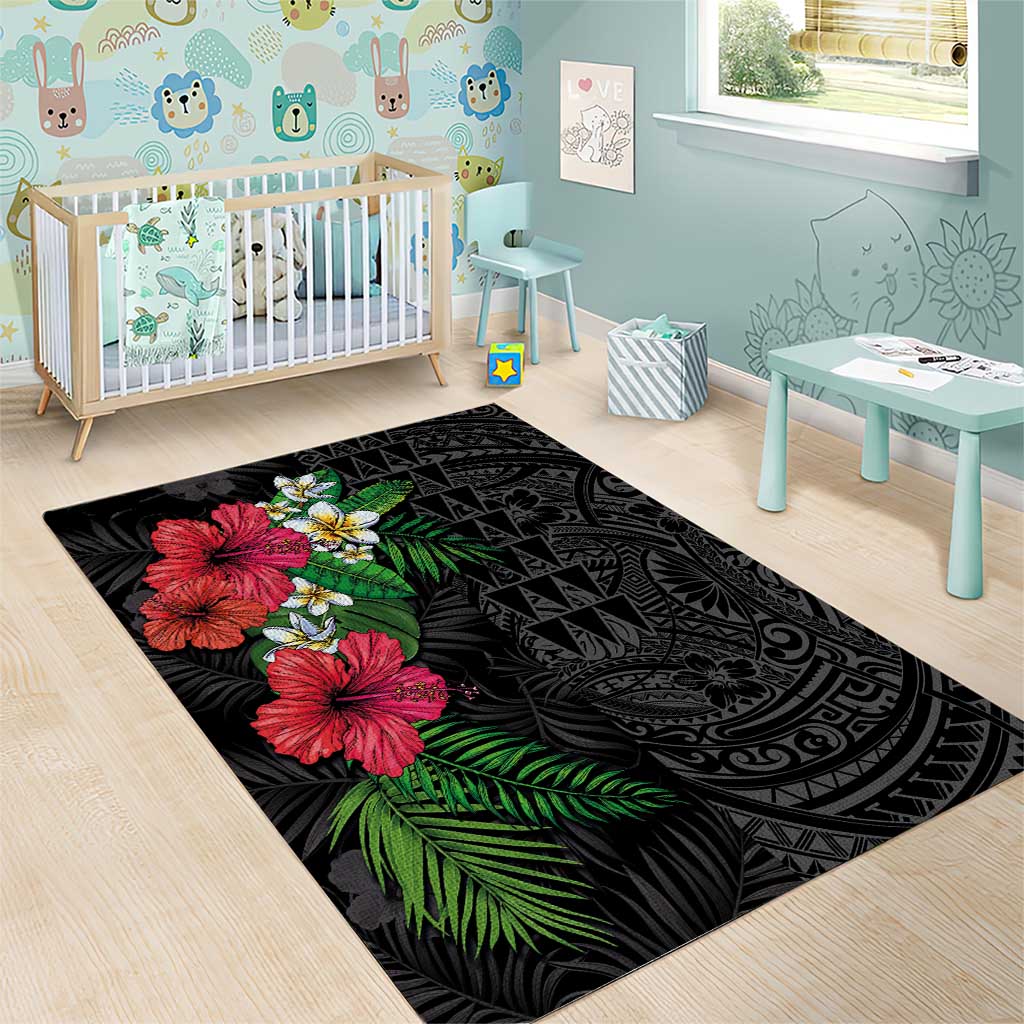 Hawaiian Tropical Plants Area Rug Kakau Tattoo and Polynesian Pattern Half Black Color