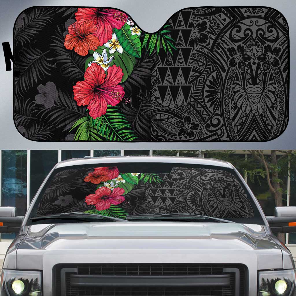 Hawaiian Tropical Plants Auto Sun Shade Kakau Tattoo and Polynesian Pattern Half Black Color