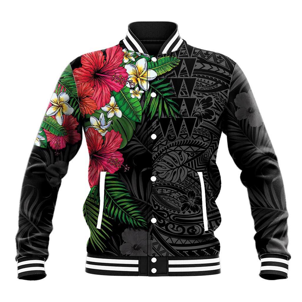 Hawaiian Tropical Plants Baseball Jacket Kakau Tattoo and Polynesian Pattern Half Black Color