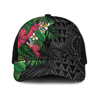 Hawaiian Tropical Plants Baseball Net Cap Kakau Tattoo and Polynesian Pattern Half Black Color