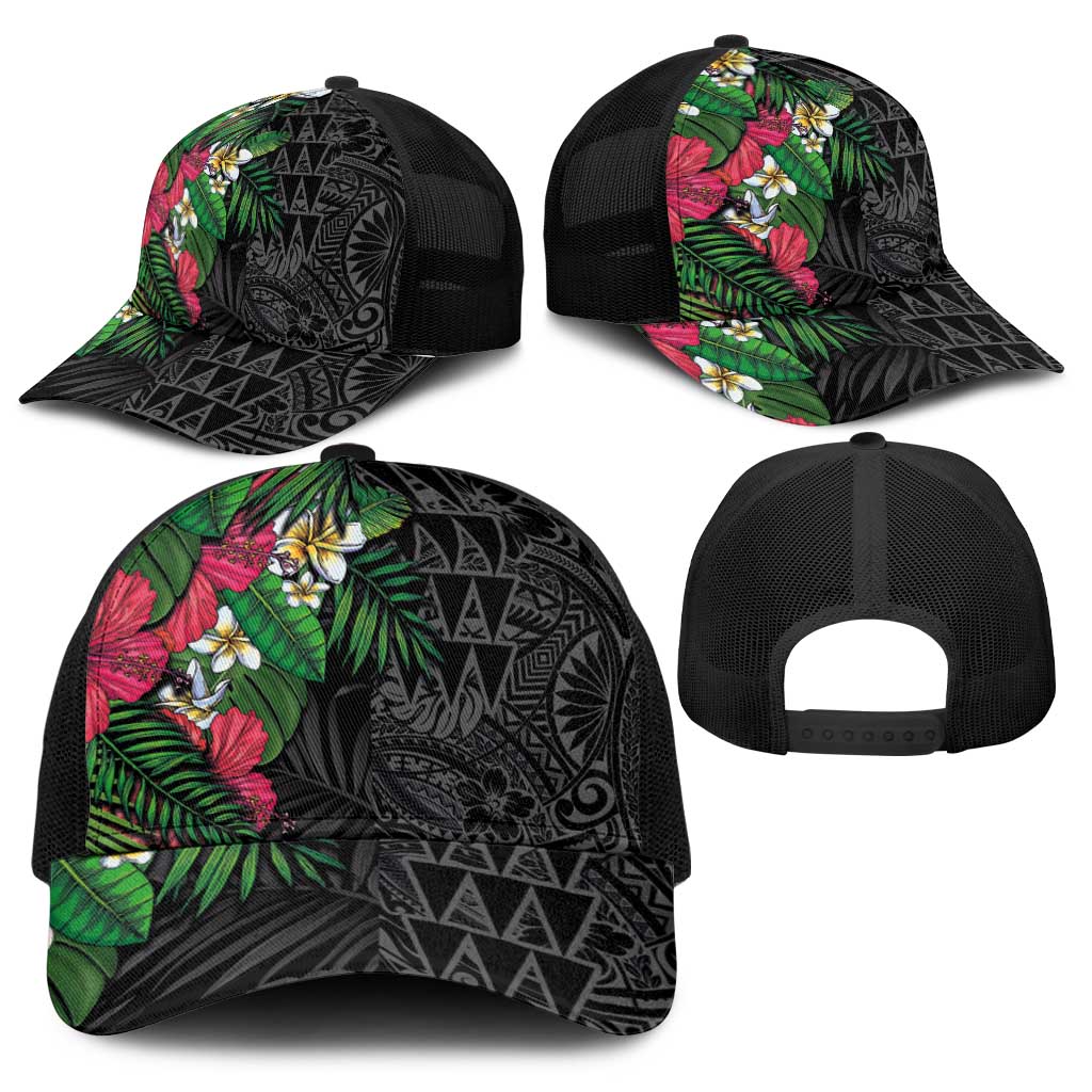 Hawaiian Tropical Plants Baseball Net Cap Kakau Tattoo and Polynesian Pattern Half Black Color