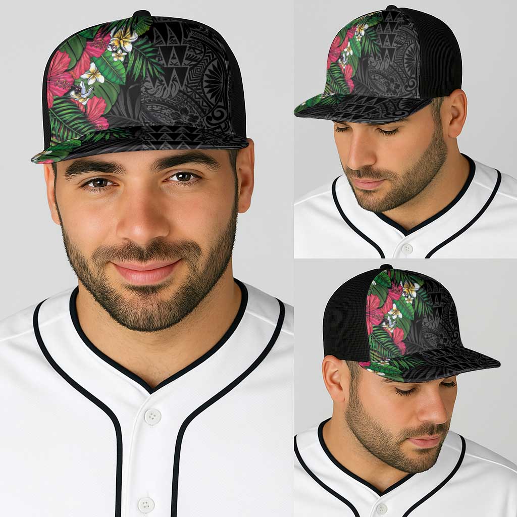 Hawaiian Tropical Plants Baseball Net Cap Kakau Tattoo and Polynesian Pattern Half Black Color