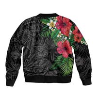 Hawaiian Tropical Plants Bomber Jacket Kakau Tattoo and Polynesian Pattern Half Black Color