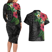 Hawaiian Tropical Plants Couples Matching Long Sleeve Bodycon Dress and Hawaiian Shirt Kakau Tattoo and Polynesian Pattern Half Black Color LT03 - Polynesian Pride