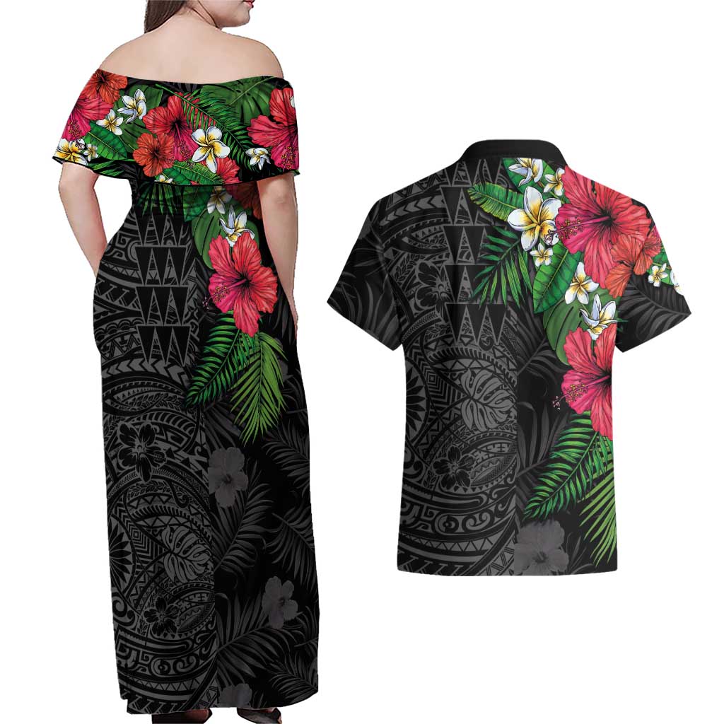 Hawaiian Tropical Plants Couples Matching Off Shoulder Maxi Dress and Hawaiian Shirt Kakau Tattoo and Polynesian Pattern Half Black Color LT03 - Polynesian Pride