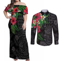 Hawaiian Tropical Plants Couples Matching Off Shoulder Maxi Dress and Long Sleeve Button Shirt Kakau Tattoo and Polynesian Pattern Half Black Color LT03 Black - Polynesian Pride