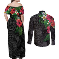 Hawaiian Tropical Plants Couples Matching Off Shoulder Maxi Dress and Long Sleeve Button Shirt Kakau Tattoo and Polynesian Pattern Half Black Color LT03 - Polynesian Pride