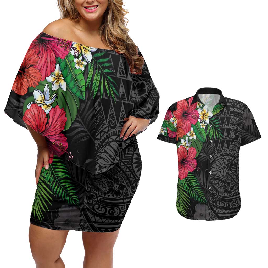 Hawaiian Tropical Plants Couples Matching Off Shoulder Short Dress and Hawaiian Shirt Kakau Tattoo and Polynesian Pattern Half Black Color LT03 Black - Polynesian Pride