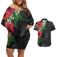 Hawaiian Tropical Plants Couples Matching Off Shoulder Short Dress and Hawaiian Shirt Kakau Tattoo and Polynesian Pattern Half Black Color LT03 Black - Polynesian Pride