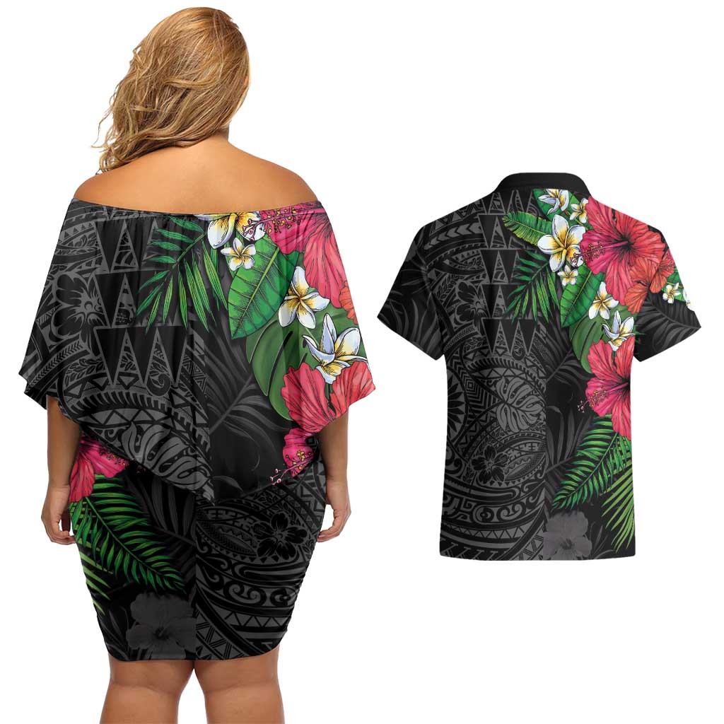 Hawaiian Tropical Plants Couples Matching Off Shoulder Short Dress and Hawaiian Shirt Kakau Tattoo and Polynesian Pattern Half Black Color LT03 - Polynesian Pride
