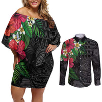 Hawaiian Tropical Plants Couples Matching Off Shoulder Short Dress and Long Sleeve Button Shirt Kakau Tattoo and Polynesian Pattern Half Black Color LT03 Black - Polynesian Pride