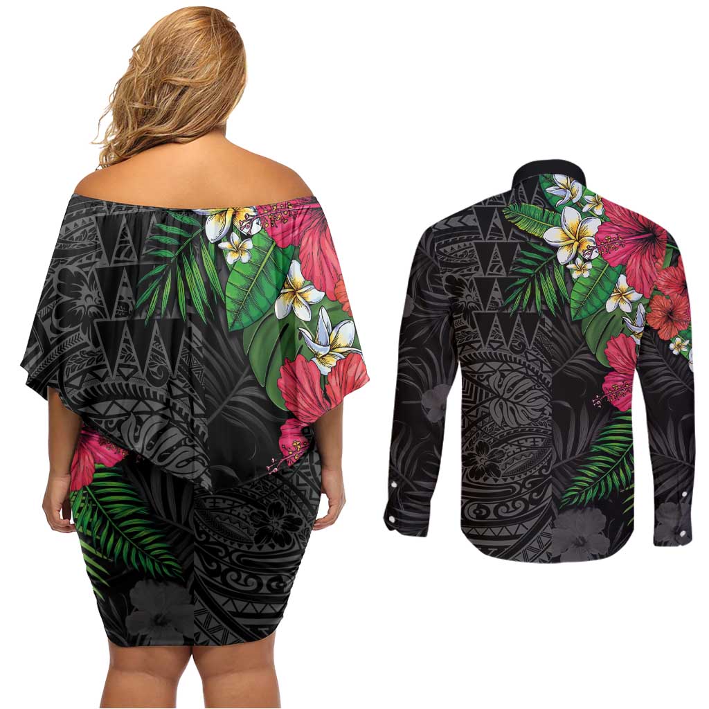Hawaiian Tropical Plants Couples Matching Off Shoulder Short Dress and Long Sleeve Button Shirt Kakau Tattoo and Polynesian Pattern Half Black Color LT03 - Polynesian Pride