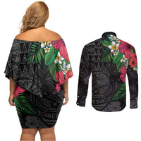 Hawaiian Tropical Plants Couples Matching Off Shoulder Short Dress and Long Sleeve Button Shirt Kakau Tattoo and Polynesian Pattern Half Black Color LT03 - Polynesian Pride
