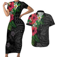 Hawaiian Tropical Plants Couples Matching Short Sleeve Bodycon Dress and Hawaiian Shirt Kakau Tattoo and Polynesian Pattern Half Black Color LT03 Black - Polynesian Pride