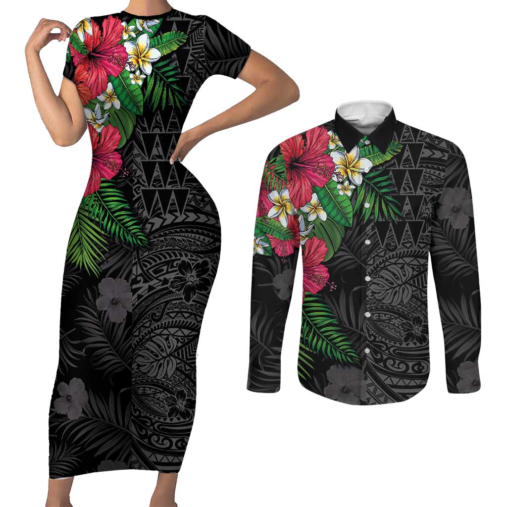 Hawaiian Tropical Plants Couples Matching Short Sleeve Bodycon Dress and Long Sleeve Button Shirt Kakau Tattoo and Polynesian Pattern Half Black Color LT03 Black - Polynesian Pride