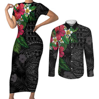 Hawaiian Tropical Plants Couples Matching Short Sleeve Bodycon Dress and Long Sleeve Button Shirt Kakau Tattoo and Polynesian Pattern Half Black Color LT03 Black - Polynesian Pride
