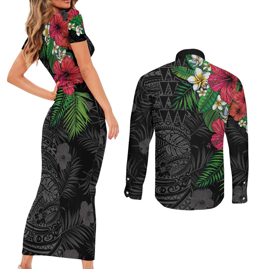 Hawaiian Tropical Plants Couples Matching Short Sleeve Bodycon Dress and Long Sleeve Button Shirt Kakau Tattoo and Polynesian Pattern Half Black Color LT03 - Polynesian Pride