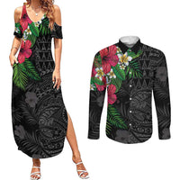 Hawaiian Tropical Plants Couples Matching Summer Maxi Dress and Long Sleeve Button Shirt Kakau Tattoo and Polynesian Pattern Half Black Color LT03 Black - Polynesian Pride