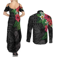 Hawaiian Tropical Plants Couples Matching Summer Maxi Dress and Long Sleeve Button Shirt Kakau Tattoo and Polynesian Pattern Half Black Color LT03 - Polynesian Pride
