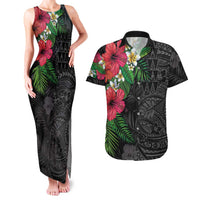 Hawaiian Tropical Plants Couples Matching Tank Maxi Dress and Hawaiian Shirt Kakau Tattoo and Polynesian Pattern Half Black Color LT03 Black - Polynesian Pride