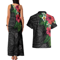 Hawaiian Tropical Plants Couples Matching Tank Maxi Dress and Hawaiian Shirt Kakau Tattoo and Polynesian Pattern Half Black Color LT03 - Polynesian Pride
