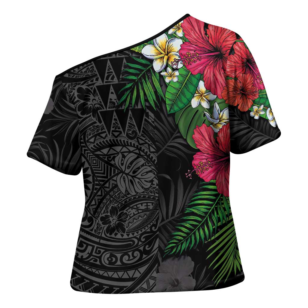 Hawaiian Tropical Plants Cross Shoulder Shirt Kakau Tattoo and Polynesian Pattern Half Black Color