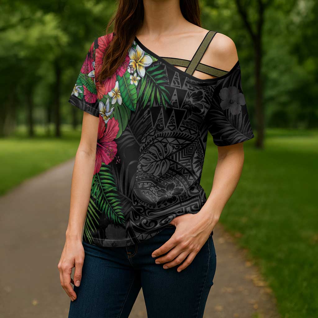 Hawaiian Tropical Plants Cross Shoulder Shirt Kakau Tattoo and Polynesian Pattern Half Black Color