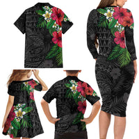 Hawaiian Tropical Plants Family Matching Long Sleeve Bodycon Dress and Hawaiian Shirt Kakau Tattoo and Polynesian Pattern Half Black Color LT03 - Polynesian Pride