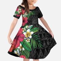 Hawaiian Tropical Plants Family Matching Mermaid Dress and Hawaiian Shirt Kakau Tattoo and Polynesian Pattern Half Black Color LT03 Daughter's Dress Black - Polynesian Pride