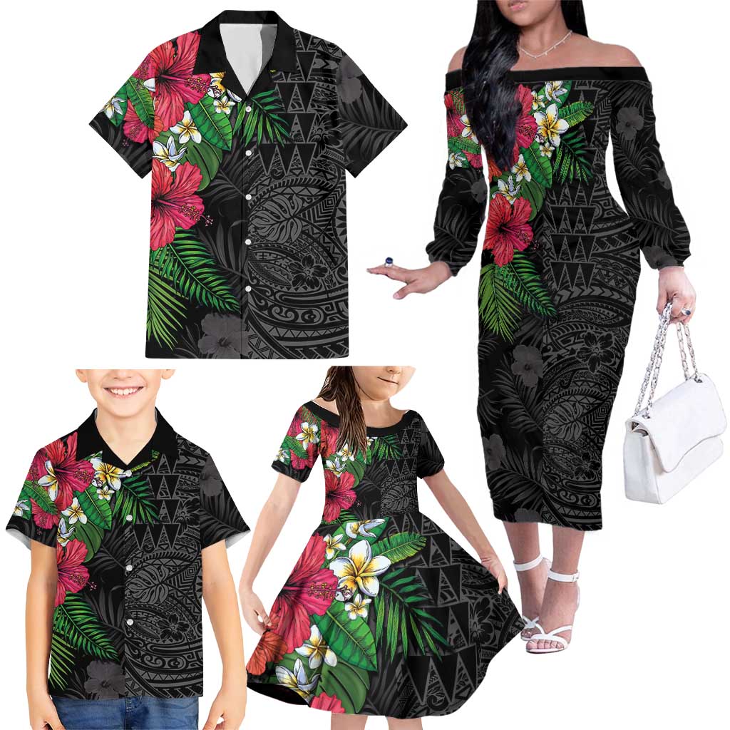Hawaiian Tropical Plants Family Matching Off The Shoulder Long Sleeve Dress and Hawaiian Shirt Kakau Tattoo and Polynesian Pattern Half Black Color LT03 - Polynesian Pride