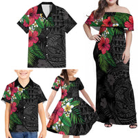 Hawaiian Tropical Plants Family Matching Off Shoulder Maxi Dress and Hawaiian Shirt Kakau Tattoo and Polynesian Pattern Half Black Color LT03 - Polynesian Pride