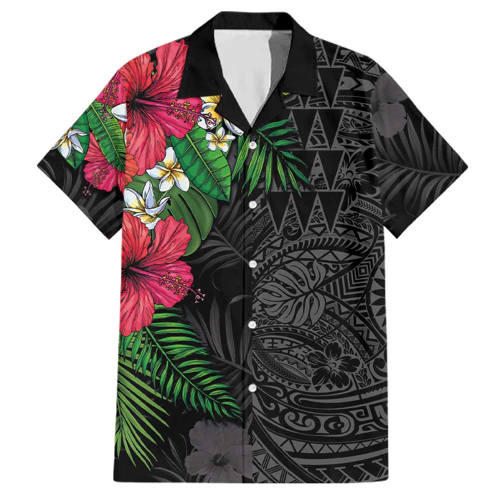 Hawaiian Tropical Plants Family Matching Off Shoulder Maxi Dress and Hawaiian Shirt Kakau Tattoo and Polynesian Pattern Half Black Color LT03 Dad's Shirt - Short Sleeve Black - Polynesian Pride