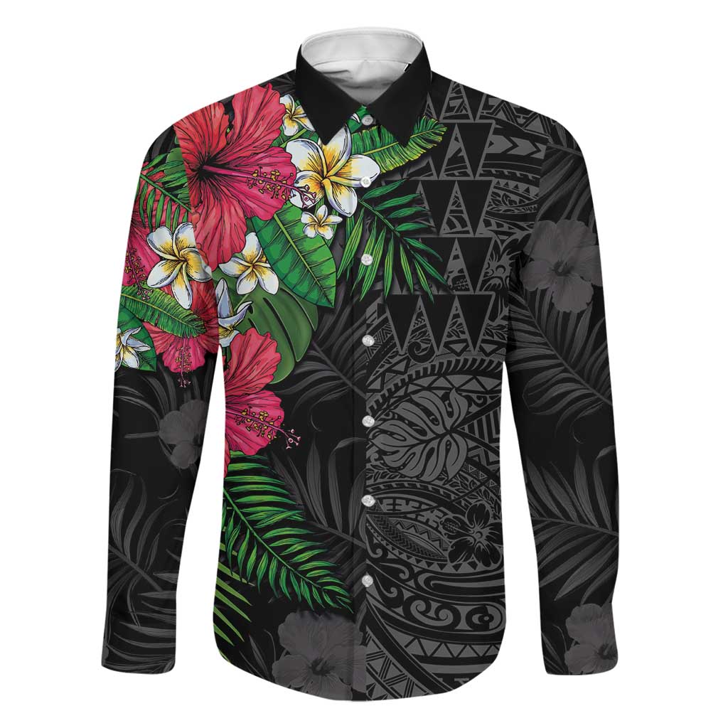 Hawaiian Tropical Plants Family Matching Off Shoulder Maxi Dress and Hawaiian Shirt Kakau Tattoo and Polynesian Pattern Half Black Color LT03 Dad's Shirt - Long Sleeve Black - Polynesian Pride