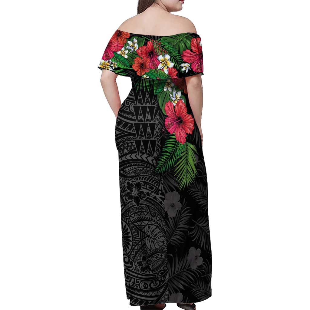 Hawaiian Tropical Plants Family Matching Off Shoulder Maxi Dress and Hawaiian Shirt Kakau Tattoo and Polynesian Pattern Half Black Color LT03 - Polynesian Pride