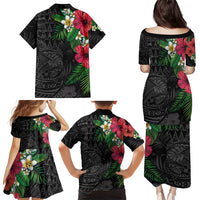 Hawaiian Tropical Plants Family Matching Puletasi and Hawaiian Shirt Kakau Tattoo and Polynesian Pattern Half Black Color LT03 - Polynesian Pride