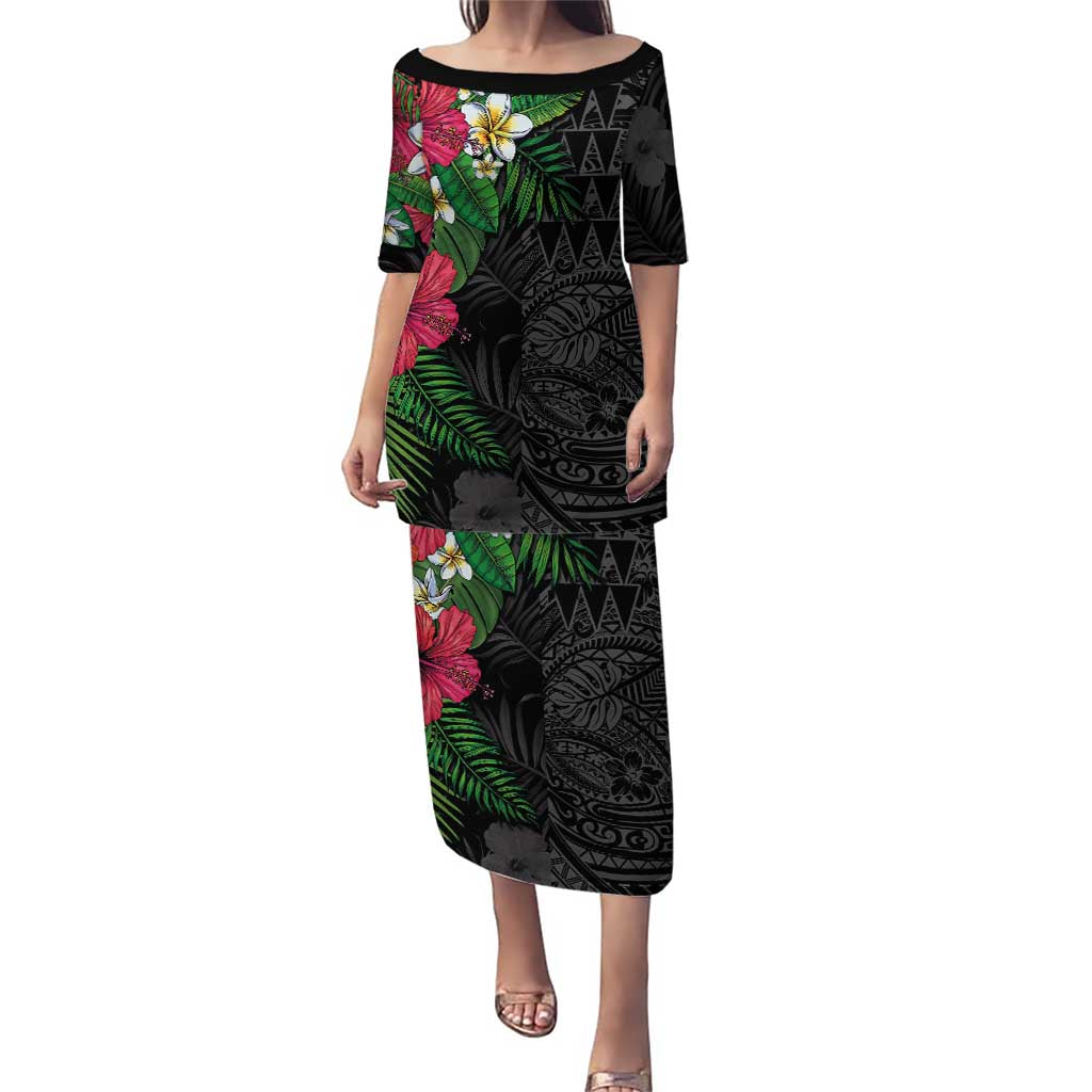 Hawaiian Tropical Plants Family Matching Puletasi and Hawaiian Shirt Kakau Tattoo and Polynesian Pattern Half Black Color LT03 Mom's Dress Black - Polynesian Pride
