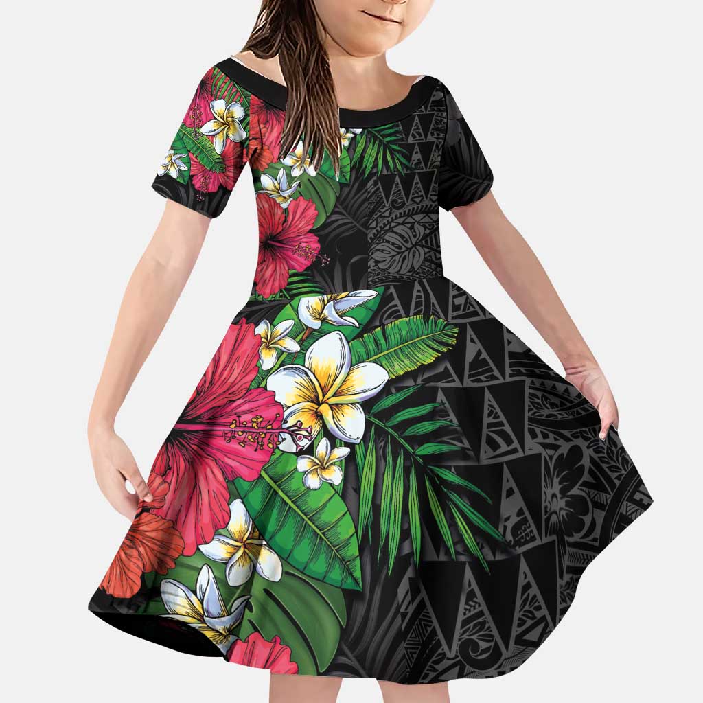 Hawaiian Tropical Plants Family Matching Summer Maxi Dress and Hawaiian Shirt Kakau Tattoo and Polynesian Pattern Half Black Color LT03 Daughter's Dress Black - Polynesian Pride