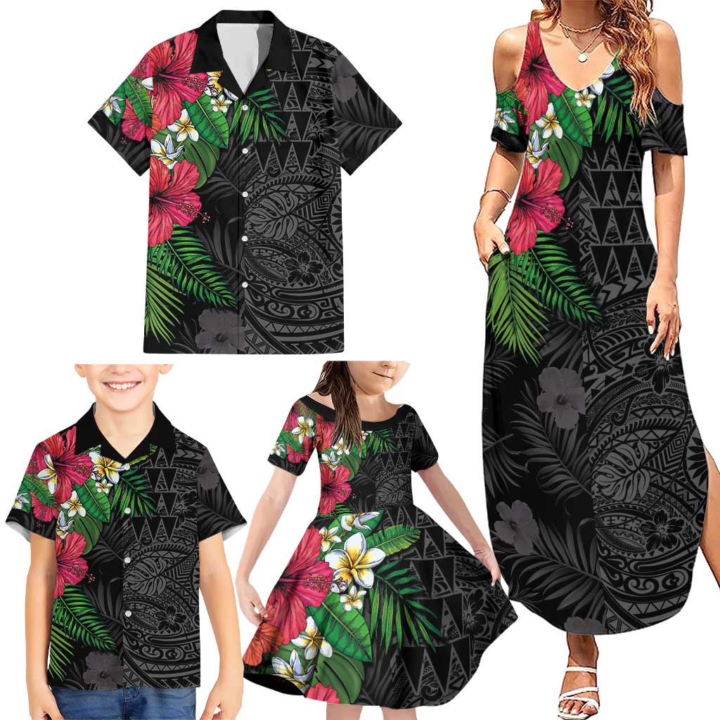 Hawaiian Tropical Plants Family Matching Summer Maxi Dress and Hawaiian Shirt Kakau Tattoo and Polynesian Pattern Half Black Color