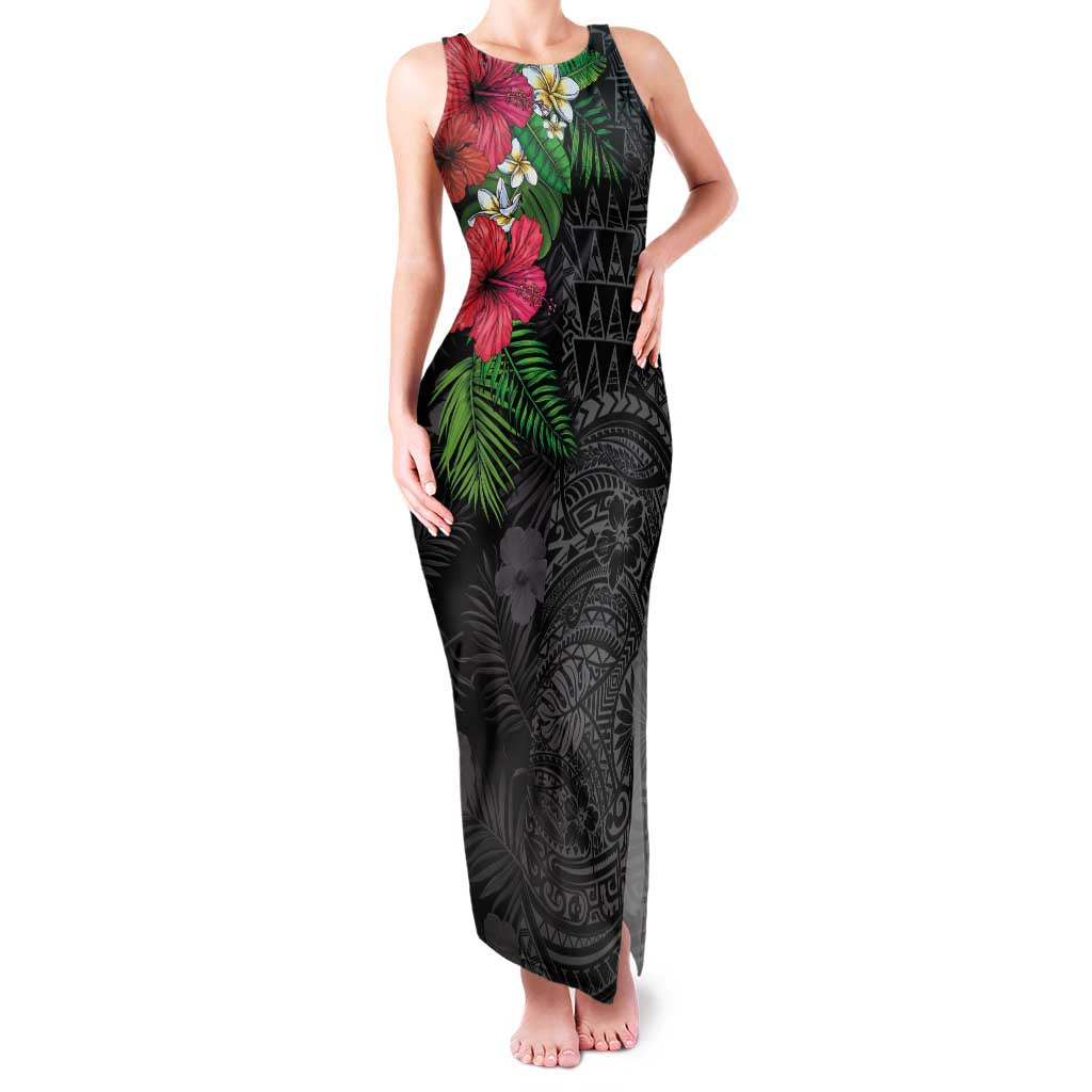 Hawaiian Tropical Plants Family Matching Tank Maxi Dress and Hawaiian Shirt Kakau Tattoo and Polynesian Pattern Half Black Color LT03 Mom's Dress Black - Polynesian Pride