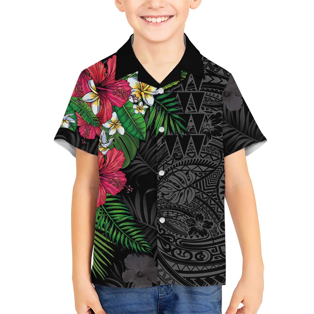 Hawaiian Tropical Plants Family Matching Tank Maxi Dress and Hawaiian Shirt Kakau Tattoo and Polynesian Pattern Half Black Color LT03 Son's Shirt Black - Polynesian Pride