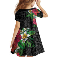 Hawaiian Tropical Plants Kid Short Sleeve Dress Kakau Tattoo and Polynesian Pattern Half Black Color