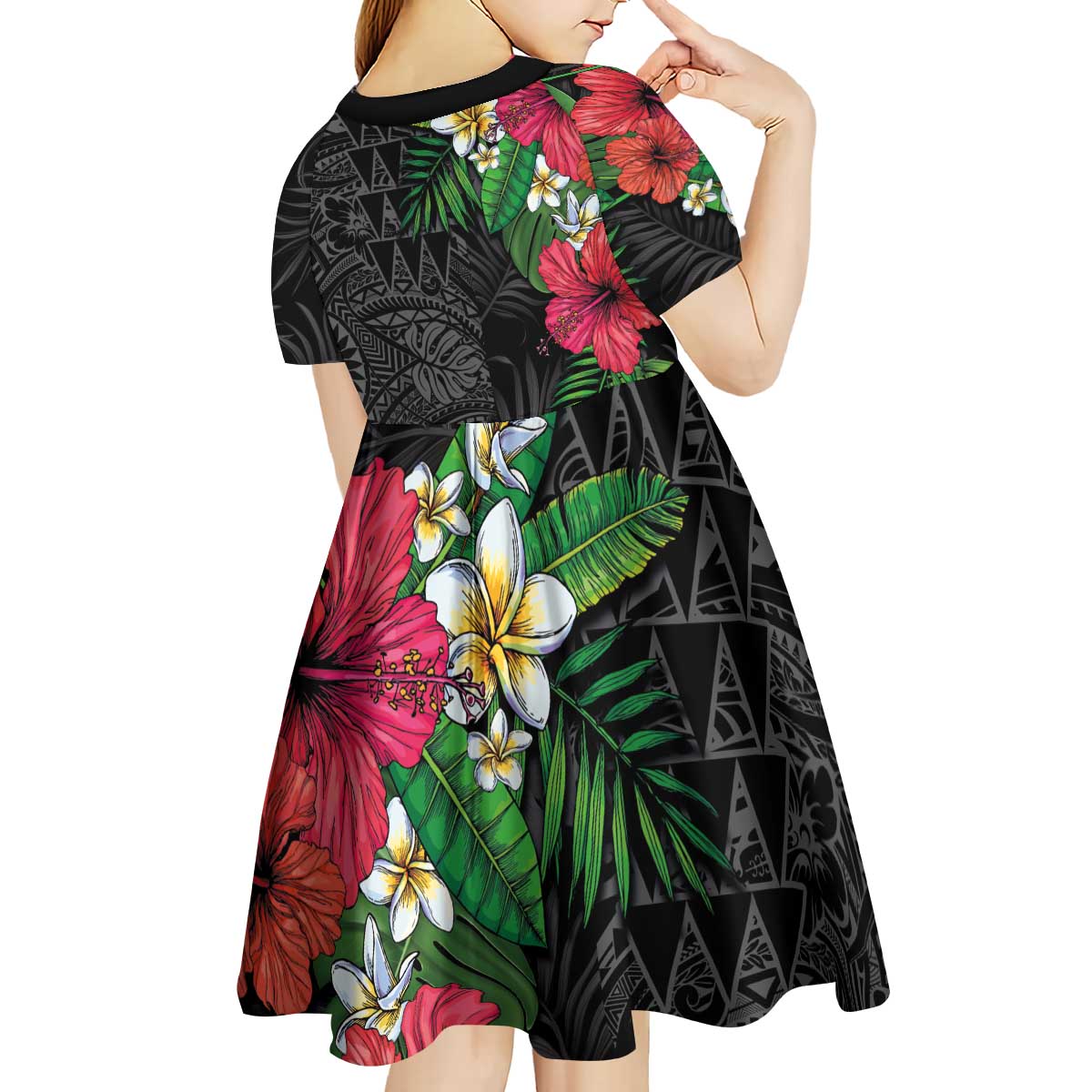 Hawaiian Tropical Plants Kid Short Sleeve Dress Kakau Tattoo and Polynesian Pattern Half Black Color