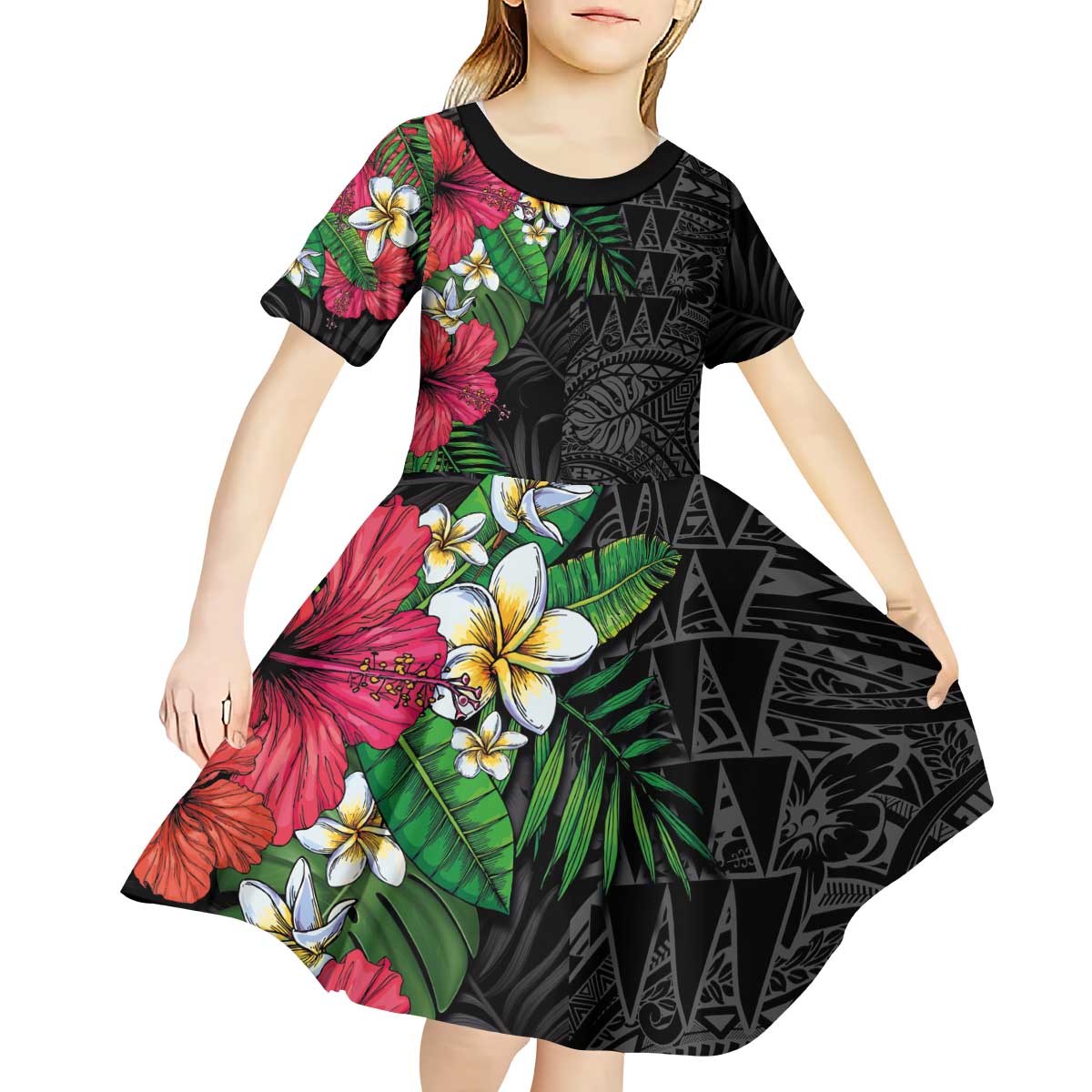 Hawaiian Tropical Plants Kid Short Sleeve Dress Kakau Tattoo and Polynesian Pattern Half Black Color
