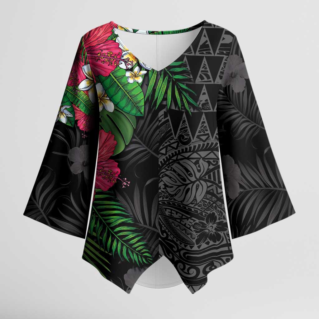 Hawaiian Tropical Plants Kimono Sleeve Blouse Kakau Tattoo and Polynesian Pattern Half Black Color