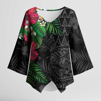 Hawaiian Tropical Plants Kimono Sleeve Blouse Kakau Tattoo and Polynesian Pattern Half Black Color