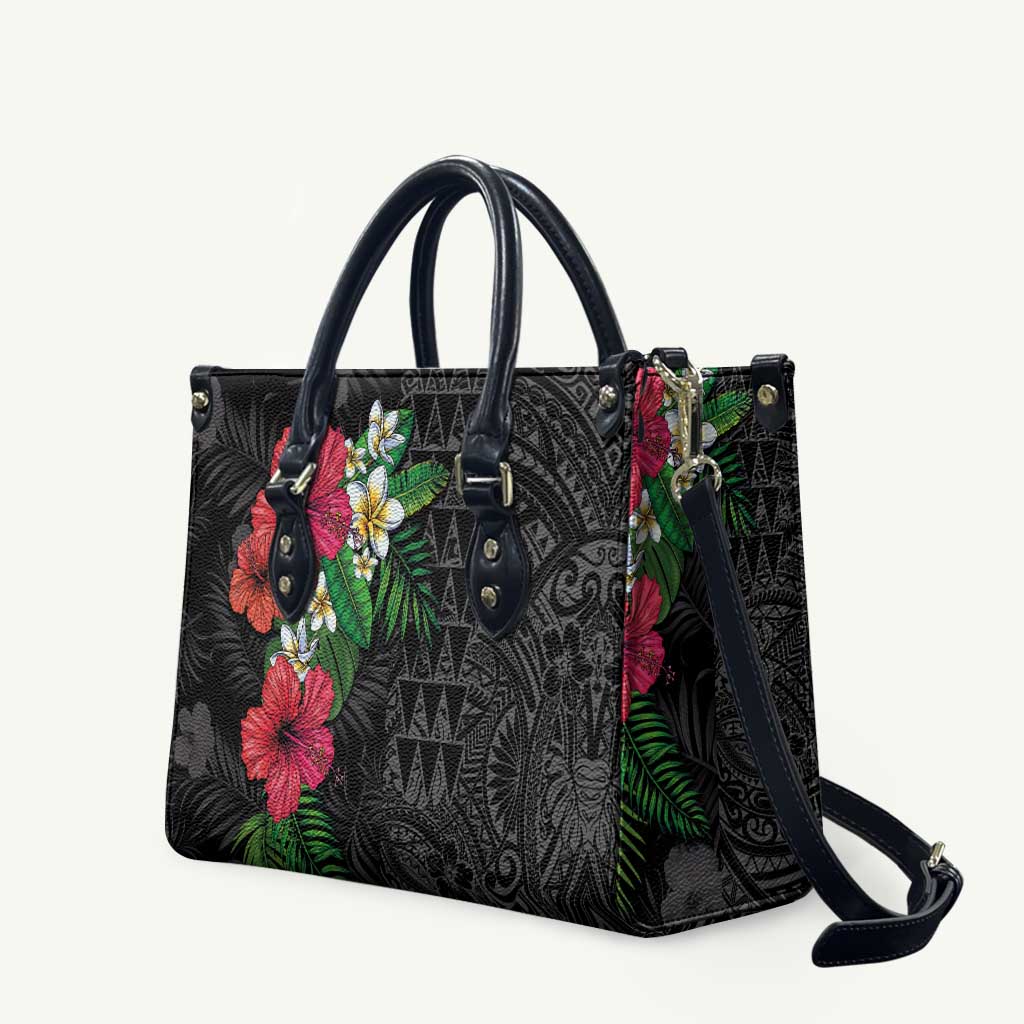 Hawaiian Tropical Plants Leather Bag Kakau Tattoo and Polynesian Pattern Half Black Color